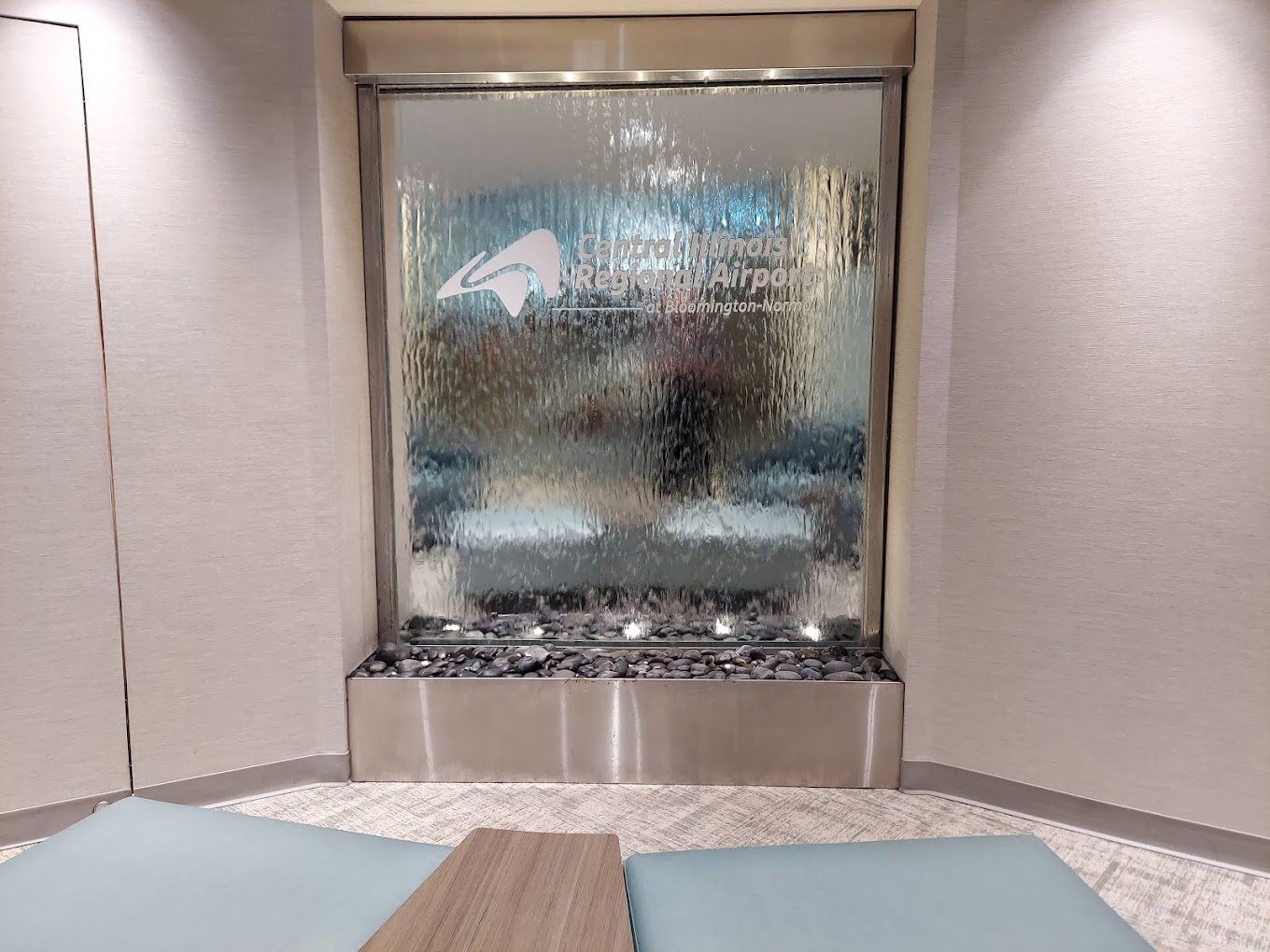 Glass Water Features 32 Mirror Waterfall Water Wall with Stainless Steel Frame at Central Illinois Regional Airport in Bloomington Normal Illinois