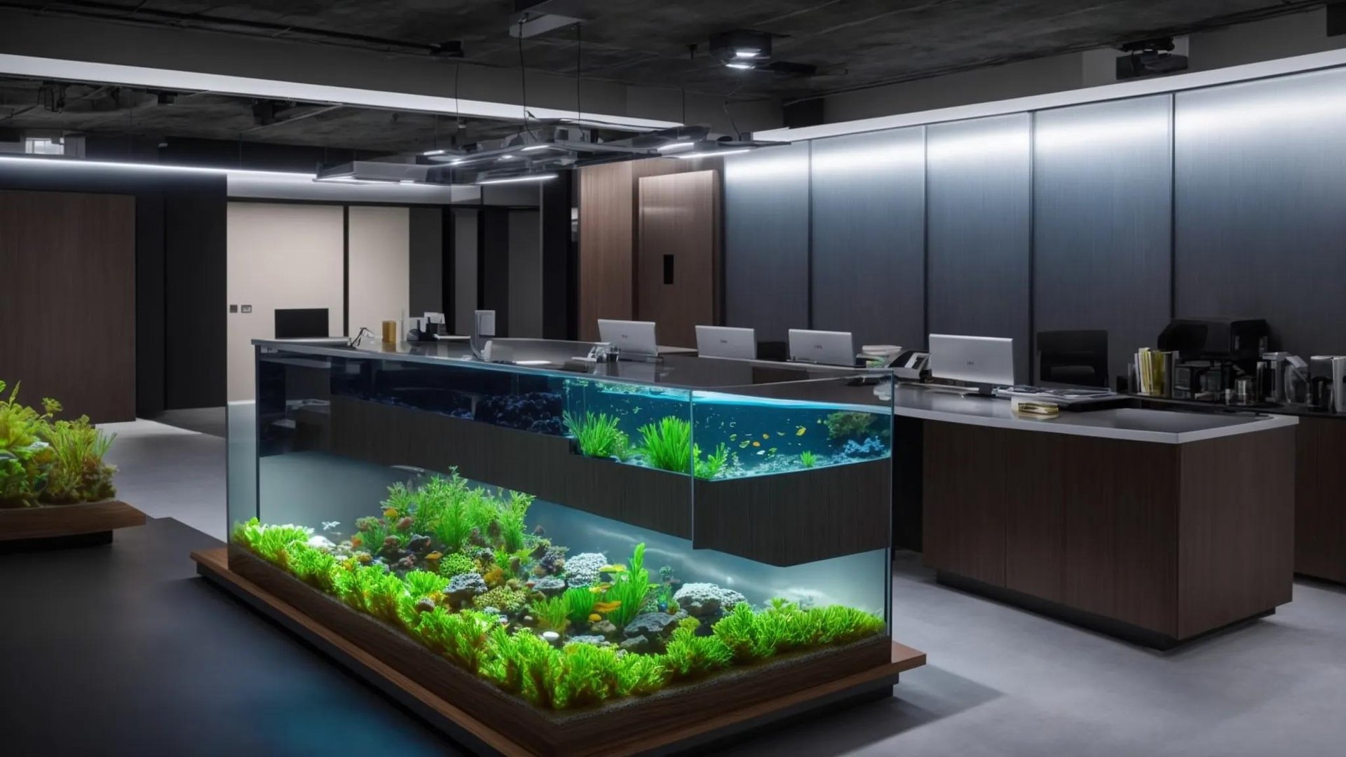 Eye-Catching LED Bubble Wall Aquarium for Modern Homes 2 a sleek, modern office setting showcases the top fin® led bubble wall aquarium, vividly illuminated by the adjustable led array, highlighting its intricate engineering and performance metrics while a subtle glow emphasizes the tranquil aquatic environment created by the advanced pump system.