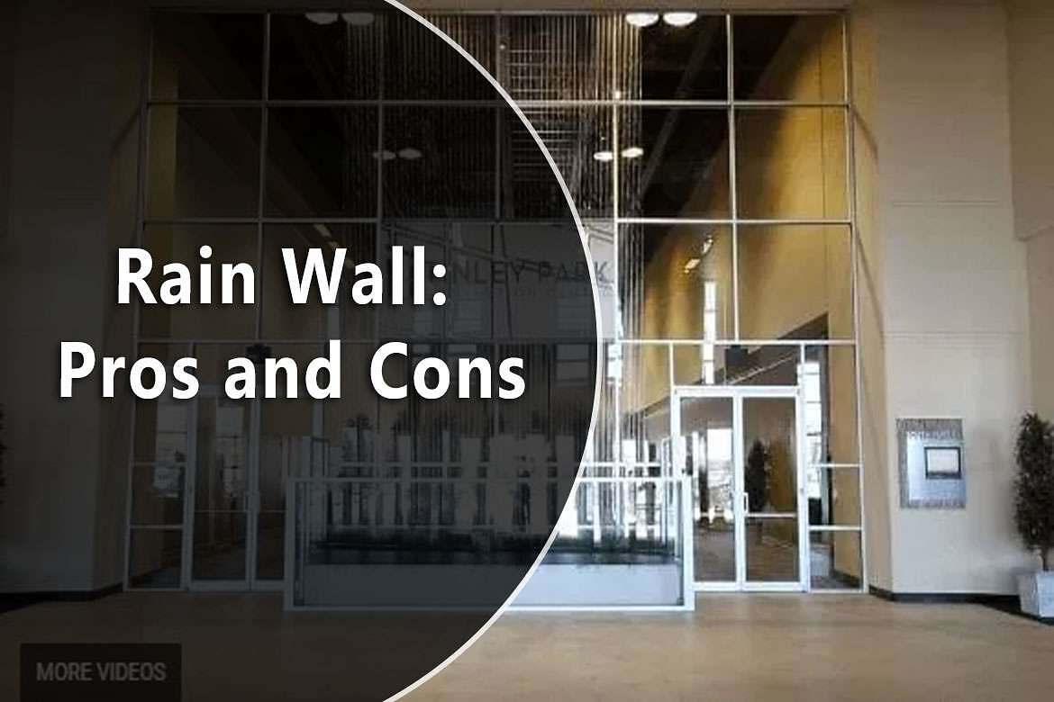 Rain wall feature in a modern indoor setting, showcasing the title "Rain Wall: Pros and Cons" with glass panels and soothing water elements, reflecting the benefits of indoor water features for enhancing spaces.