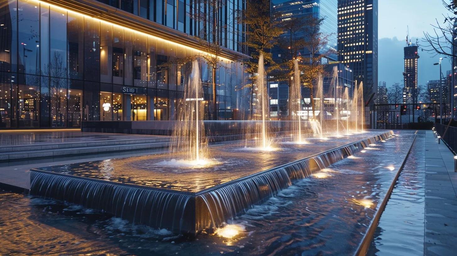 Modern Spaces: Embracing Contemporary Fountain Design Trends 3 a sleek, contemporary urban plaza features a striking custom outdoor fountain with dynamic water displays and submersible led lighting, seamlessly integrating aesthetic appeal with eco-friendly technology under the soft glow of evening lights.