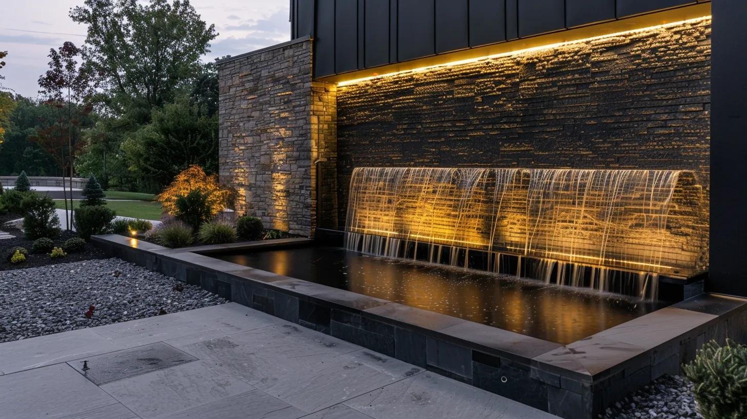 Elegant custom water feature with a cascading waterfall, illuminated by ambient lighting, surrounded by landscaped greenery and stone accents, enhancing outdoor tranquility and aesthetics.