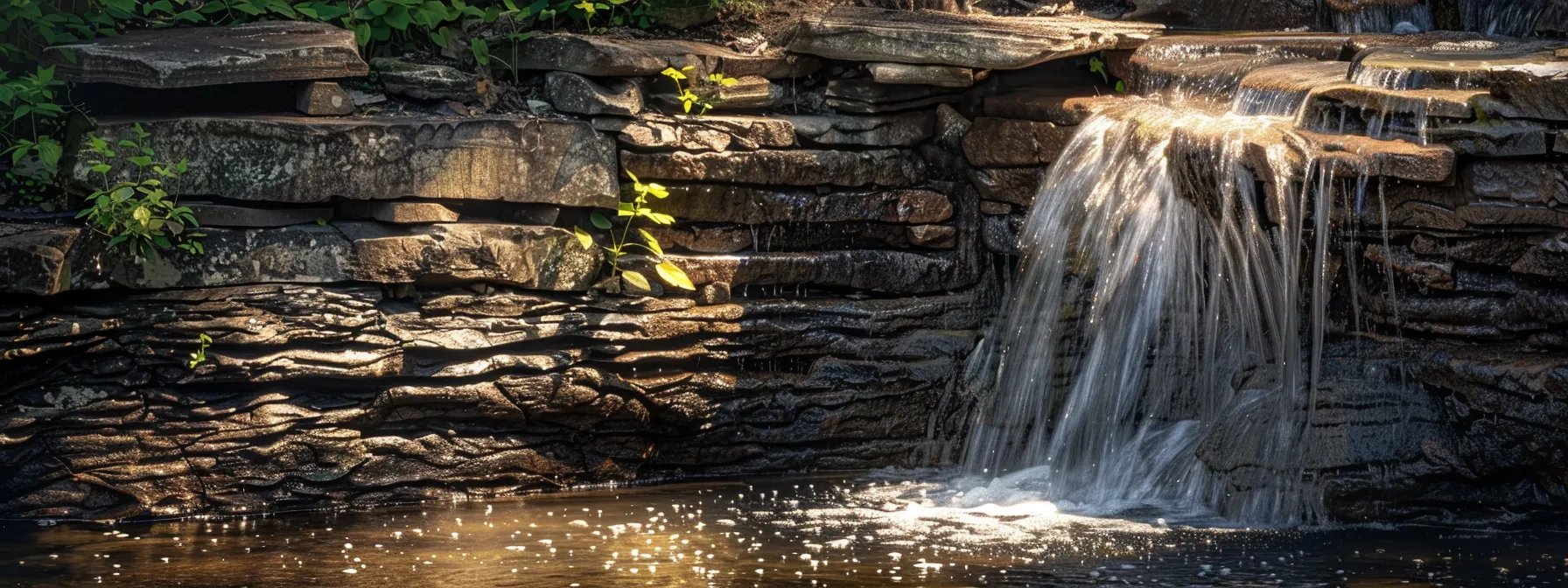 Custom rock water feature with cascading waterfall, surrounded by natural greenery, enhancing outdoor space aesthetics.