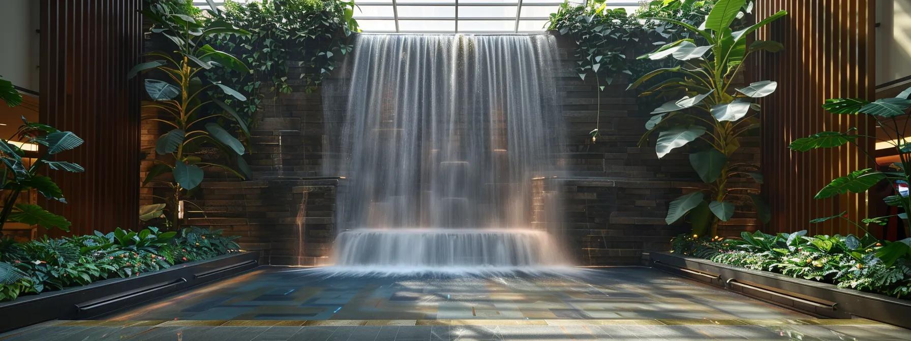 Indoor waterfall feature surrounded by lush greenery, enhancing tranquility and biophilic design in modern spaces.