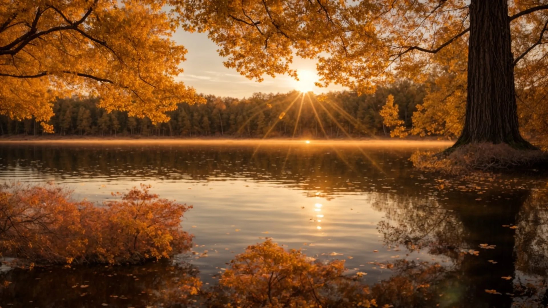 Elegant Water Fountains for Sale in Your Neighborhood 1 a breathtaking sunset casts golden hues over a tranquil lake, where vibrant autumn leaves reflect upon the glassy water, creating a scene of serene beauty.
