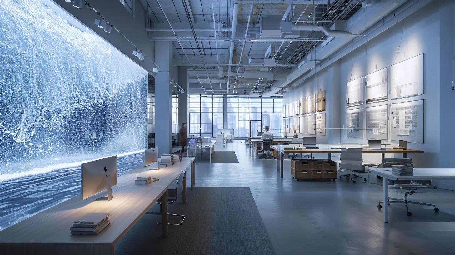 Unique Designs for Custom Made Water Features 1 a sleek, modern office environment showcases architects and designers collaborating over detailed digital blueprints and vibrant 3d renderings of intricate custom water features, illuminated by dynamic lighting that highlights their artistic potential and technical precision.