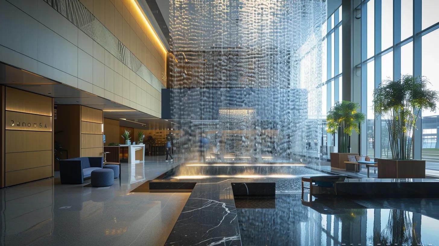 Boost Your Business's Atmosphere With Water Walls 1 a modern corporate lobby features a stunning glass water wall that cascades elegantly, enhancing the sleek design with ambient lighting and creating a tranquil atmosphere for visitors while showcasing interactive digital elements that invite engagement.