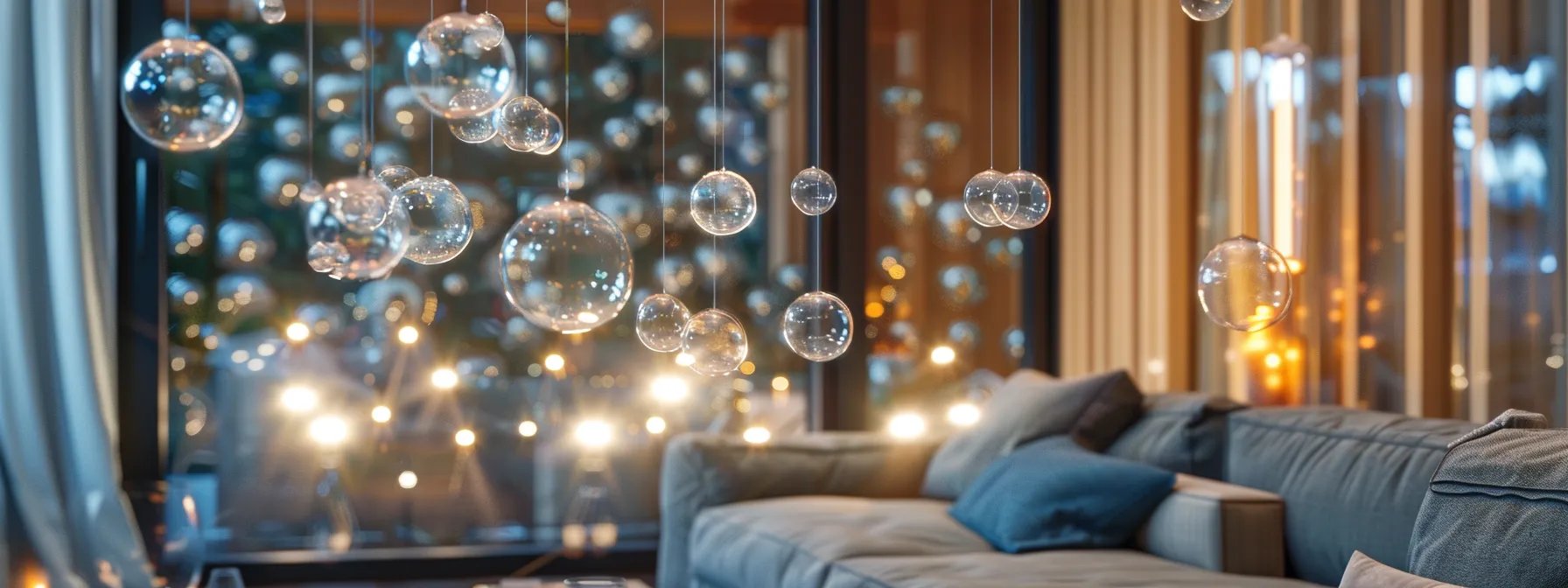 Hanging glass bubbles illuminated by warm lights, enhancing a modern indoor space with a cozy sofa and large windows, reflecting the elegance of custom water features.