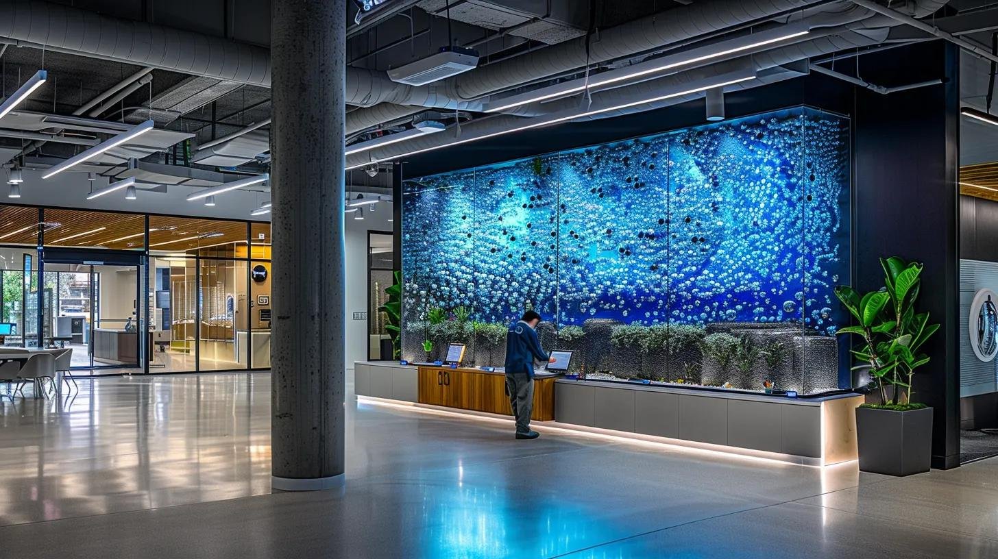 LED Water Bubble Wall: Beautify Your Surroundings 4 a modern office environment features a sleek led water bubble wall, meticulously maintained, showcasing vibrant bubbles and brilliant lighting, with a technician inspecting the system’s controls and water quality tools strategically placed nearby.