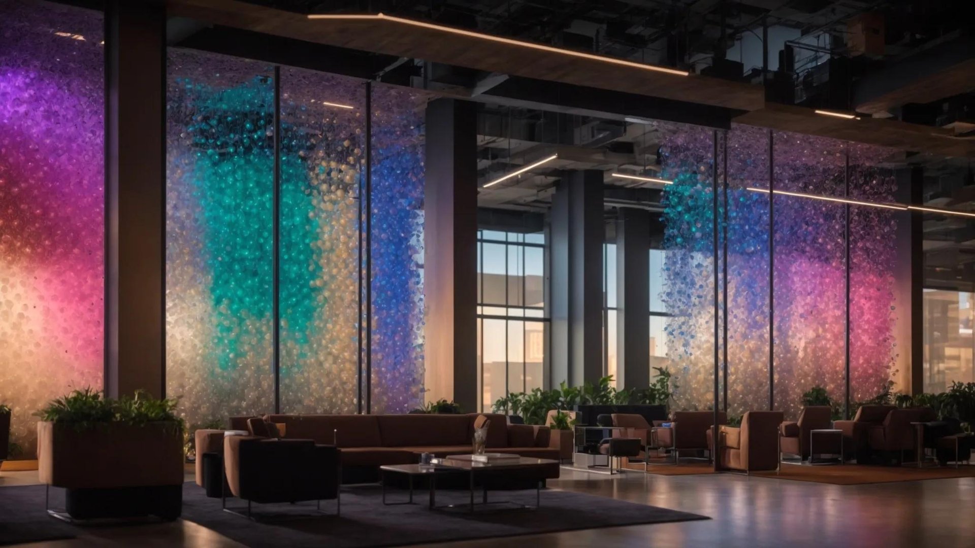 Stunning LED water bubble wall installation featuring vibrant purple and blue hues, enhancing modern interior ambiance in a stylish lounge setting with seating and greenery.