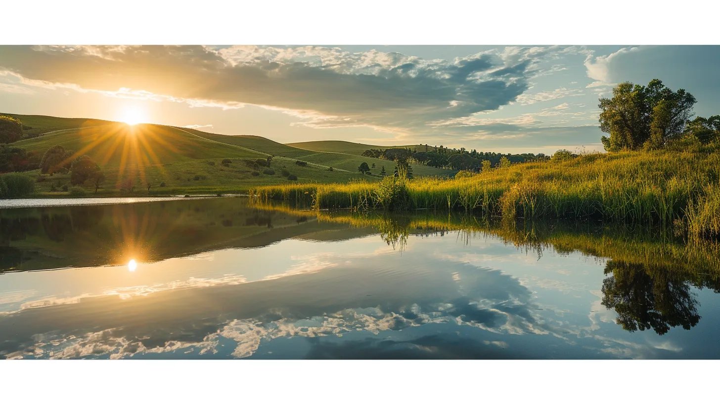 Explore Unique Glass Wall Options for Any Room 4 a vibrant sunrise casts golden rays over a peaceful lake, reflecting the surrounding lush green hills and creating a serene atmosphere of early morning tranquility.