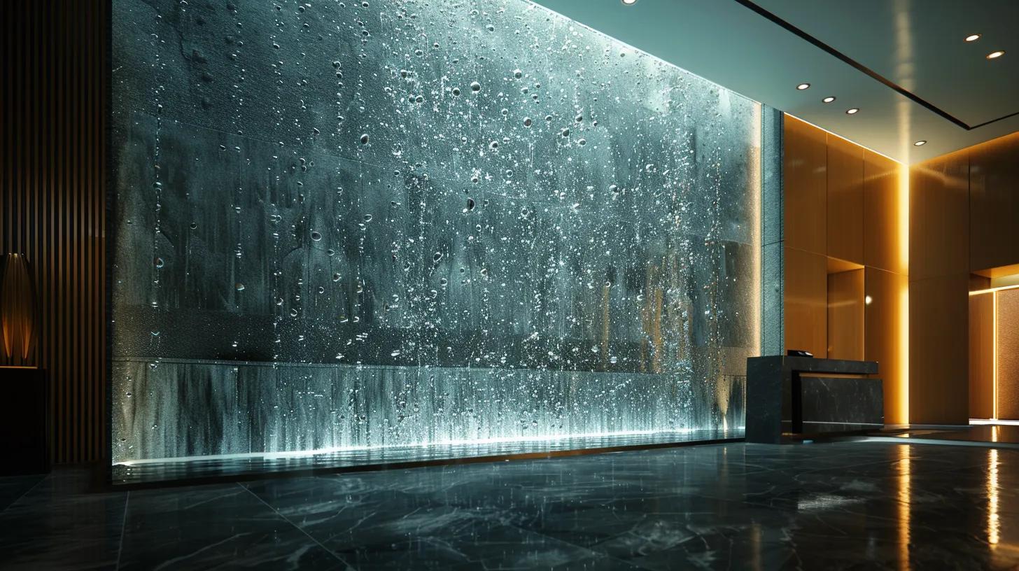 Sleek indoor bubble wall feature with cascading water and illuminated edges, enhancing modern interior design and ambiance.