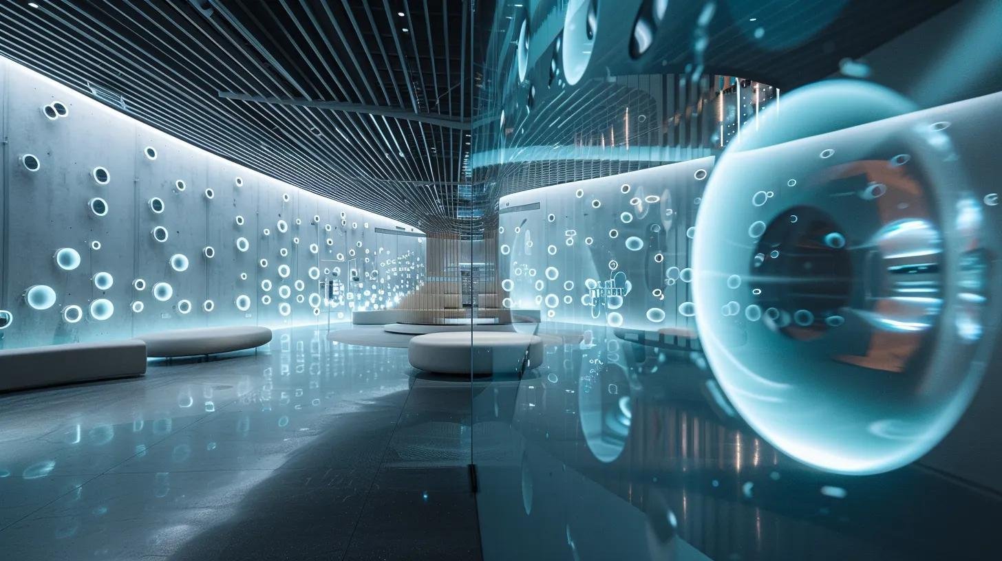 Create a Modern Look With Bubble Mirror Wall Decor 7 a sleek, modern interior showcases an innovative bubble mirror wall adorned with smart reflective surfaces that dynamically change color and tint, complemented by subtle led lighting elements, reflecting a fusion of technology and sustainable design.