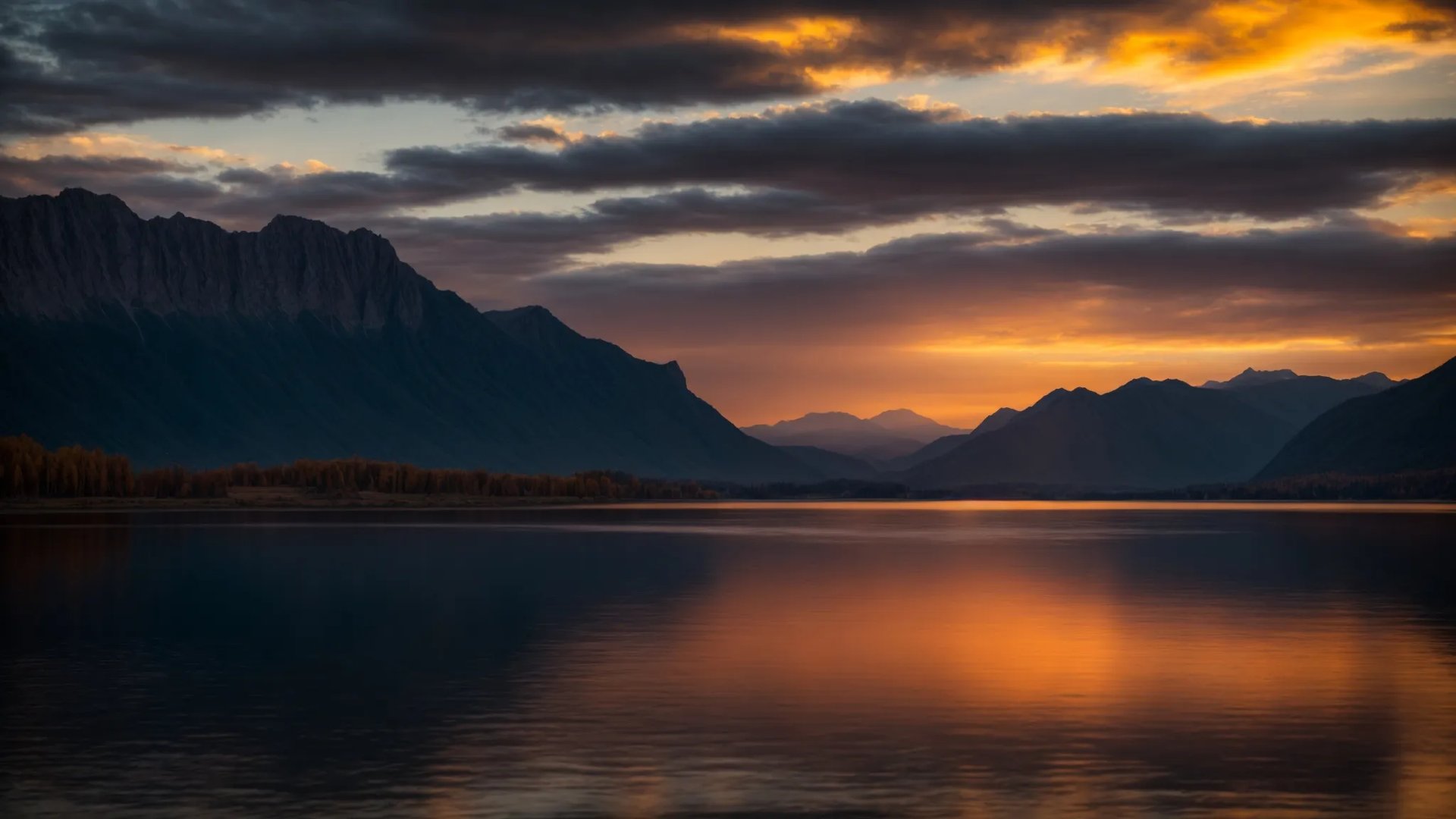 Elegant Water Fountains for Sale in Your Neighborhood 2 a vibrant sunset casts a golden glow over a tranquil lake, with silhouetted mountains rising majestically in the background, reflecting the breathtaking colors of the sky.
