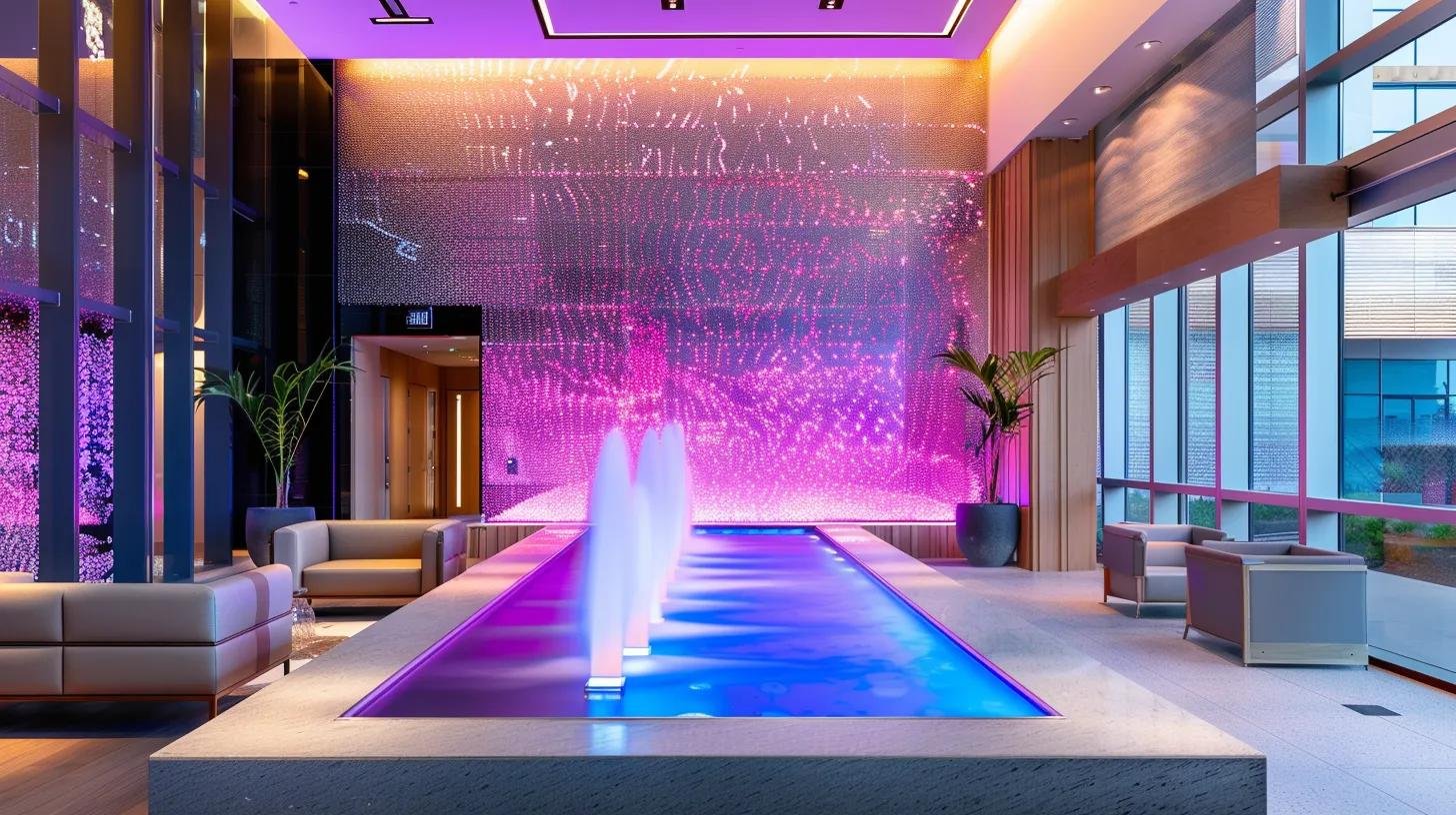 Indoor Bubble Wall Fountain Maintenance Tips for Longevity 3 a sleek, modern indoor space showcases a vibrant bubble wall fountain with illuminated led accents, complemented by user-friendly control panels and a digital display, emphasizing the advanced technology and efficient maintenance features of the installation.