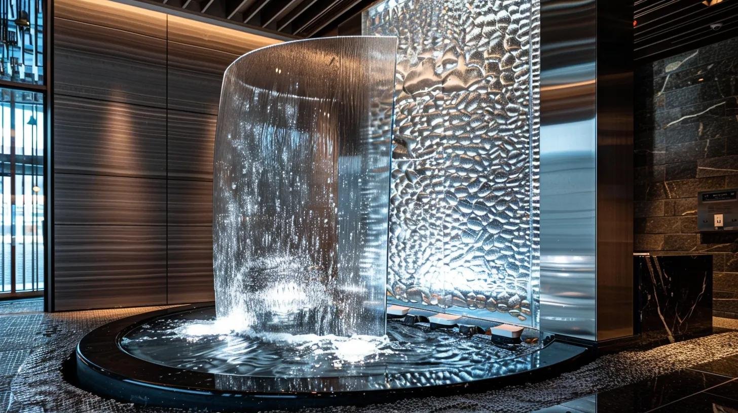 Why Choose a Floor Standing Water Bubble Wall for Your Home 2 a sleek, modern indoor setting showcases an impressive floor standing water bubble wall, featuring high-grade stainless steel and crystal-clear tempered glass, with water flowing elegantly and ambient lighting enhancing the visual appeal and sophistication of the installation.