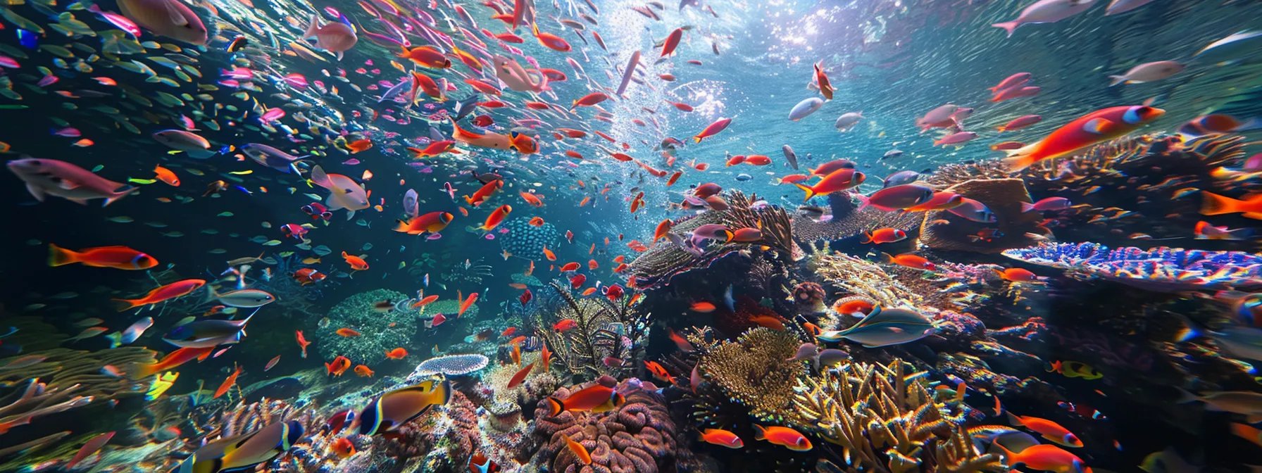 Vibrant underwater scene featuring a diverse array of colorful tropical fish swimming among coral reefs, illustrating the beauty and complexity of aquarium ecosystems.