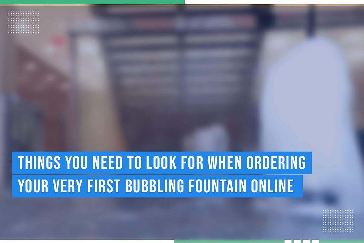 Image featuring a blurred background with a prominent text overlay reading "Things You Need To Look For When Ordering Your Very First Bubbling Fountain Online," highlighting the importance of selecting a bubbling fountain for enhancing indoor spaces, relevant to Midwest Tropical's focus on custom water features.