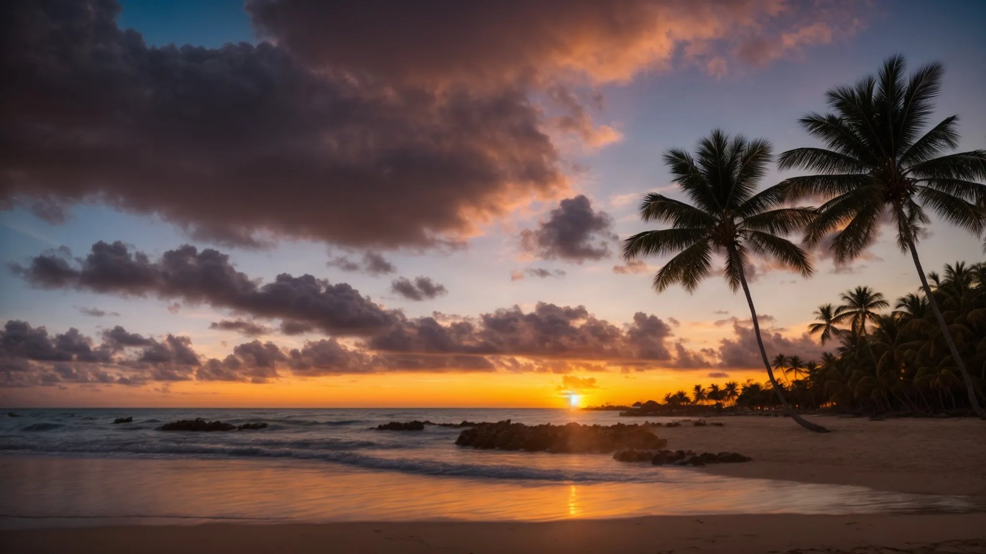 Create Serenity With a Unique Glass Fountain Design 5 a vibrant sunset casts golden hues over a tranquil beach, with gentle waves lapping at the shore and silhouetted palm trees framing the scene.