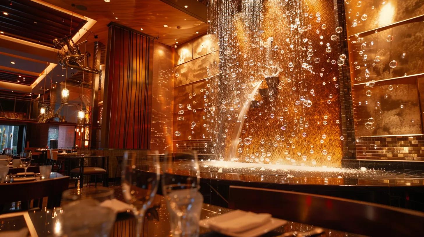 Create a Stunning Bubble Wall Fountain for Your Space 3 a luxurious restaurant interior showcases a stunning bubble wall fountain as its centerpiece, illuminated by warm led lighting that reflects off elegant surfaces, creating a serene and inviting ambiance for diners.