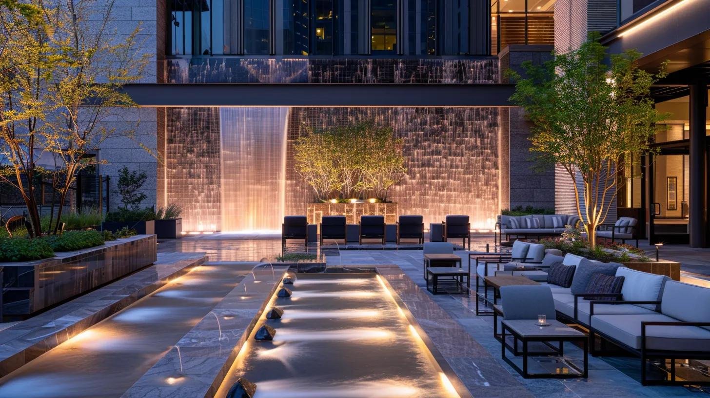 Create Stunning Outdoor Areas With Water Wall Features 6 a sleek, modern outdoor space features a stunning custom water wall that cascades elegantly, surrounded by contemporary seating areas filled with engaged guests, highlighting the inviting ambiance and social atmosphere created for discussions and experiences in water feature design.