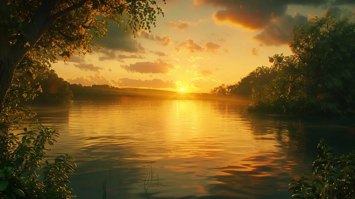 Explore Unique Glass Wall Options for Any Room 1 a vibrant sunset casts a golden glow over a serene lake, where the smooth water reflects the fiery sky and surrounding lush greenery, creating a tranquil and breathtaking atmosphere.