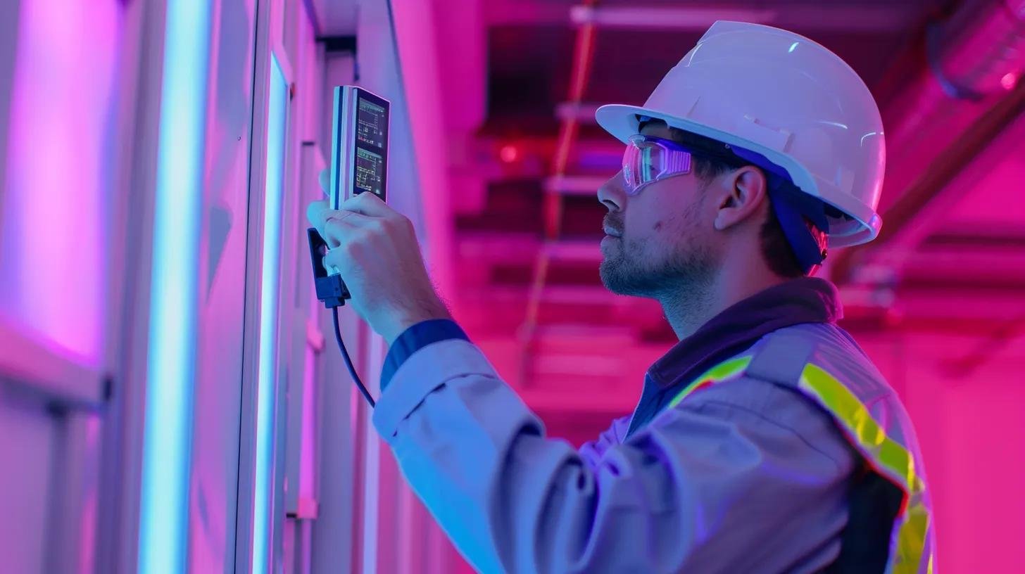 Identifying the Reasons Behind a Bubble on Wall 3 a professional inspector is analyzing a wall with visible air bubbles using a sleek infrared thermography camera, set against a modern, well-lit office backdrop filled with diagnostic tools and equipment, emphasizing the high-tech approach to identifying moisture issues.