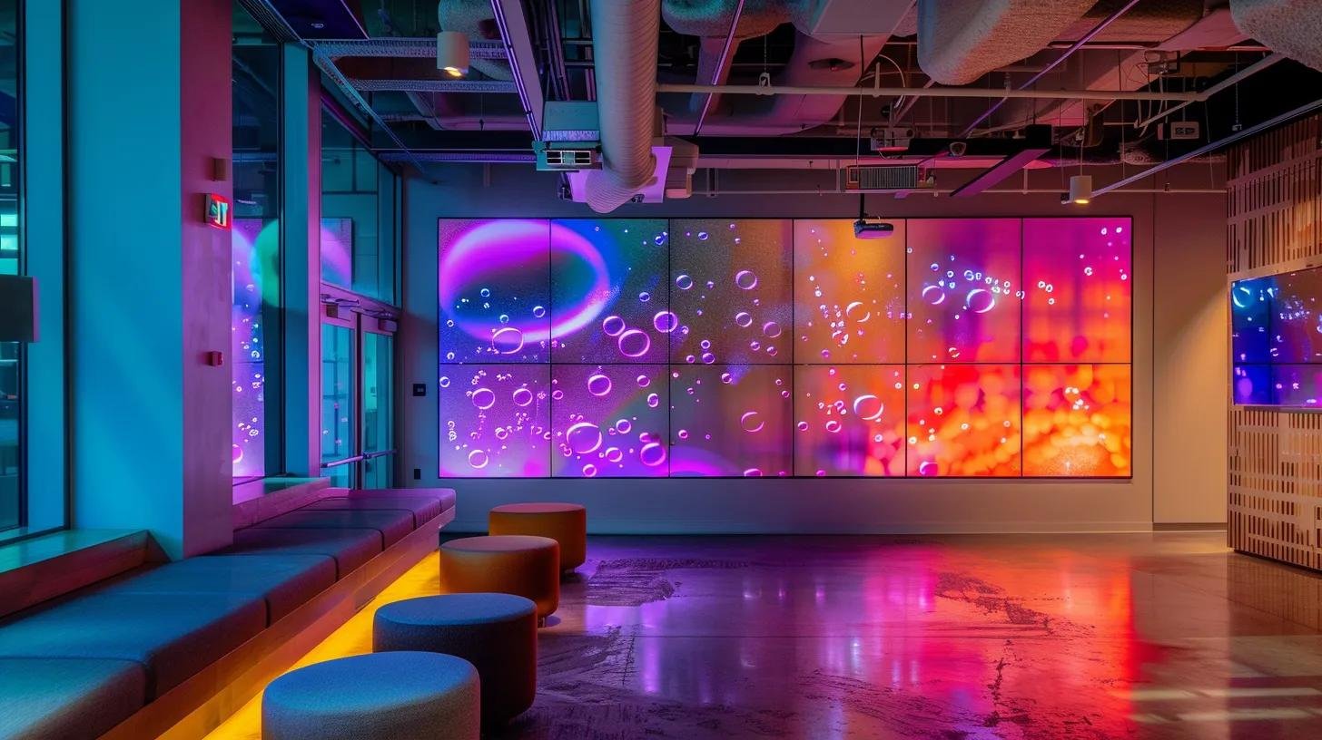 LED Water Bubble Wall: Beautify Your Surroundings 7 a sleek, modern office interior features an interactive led water bubble wall adorned with dynamic, customizable designs, illuminated by multicolored lights, showcasing advanced smart technology and augmented reality interfaces for an immersive user experience.