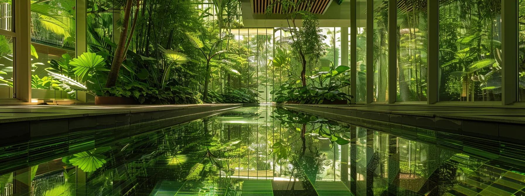 Indoor water feature with lush greenery, reflecting pool, and natural light enhancing tranquil ambiance and well-being.