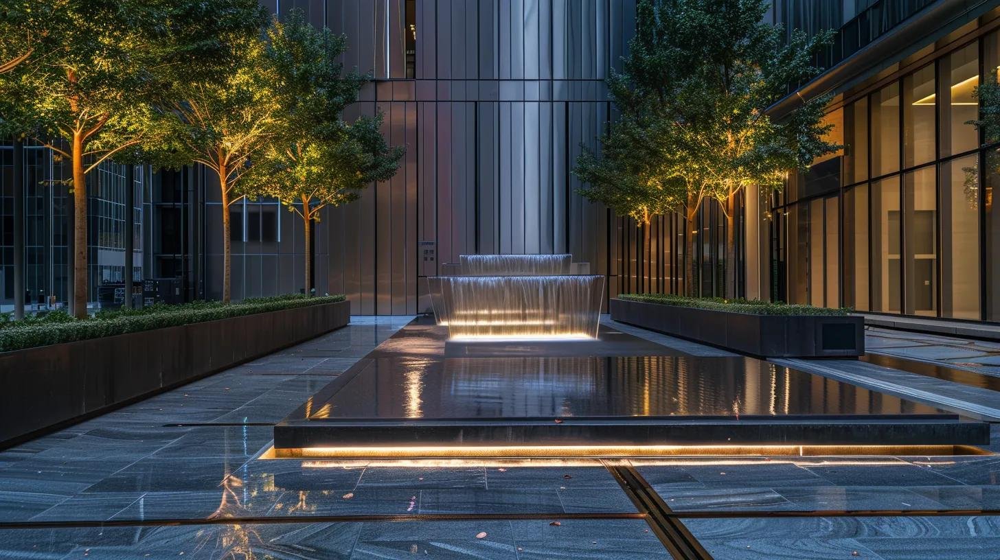 Sleek modern courtyard featuring a illuminated water fountain surrounded by lush trees and reflective surfaces, enhancing tranquility and aesthetic appeal for custom water features.