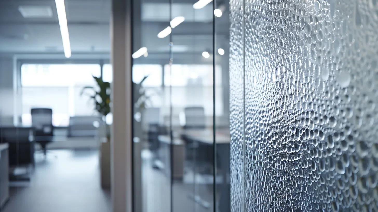 Modern office space featuring a textured water bubble wall partition, enhancing ambiance and tranquility, with blurred office furniture and plants in the background.
