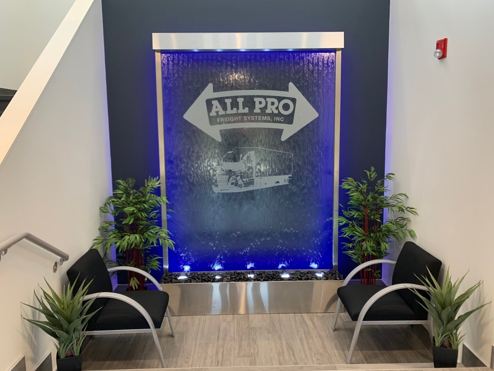 Glass Water Features 14 Glass Water Wall with Stainless Steel Frame and Etched Vinyl Logo scaled