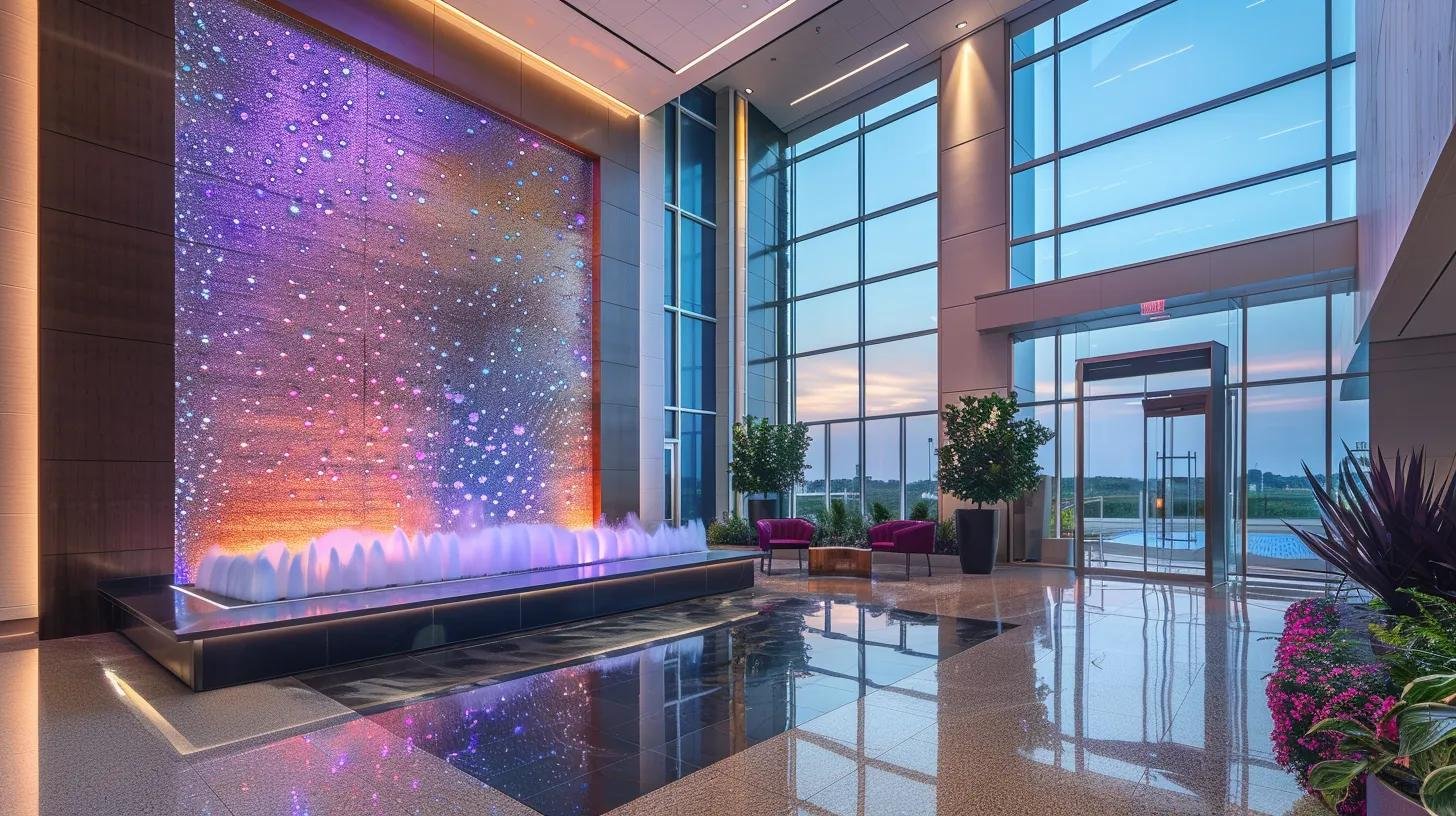 Create a Stunning Bubble Wall Fountain for Your Space 5 a sleek, modern corporate lobby showcases a stunning 15-foot wide bubble wall fountain, illuminated by vibrant led panels that change in color, creating a luxurious and engaging atmosphere for visitors.