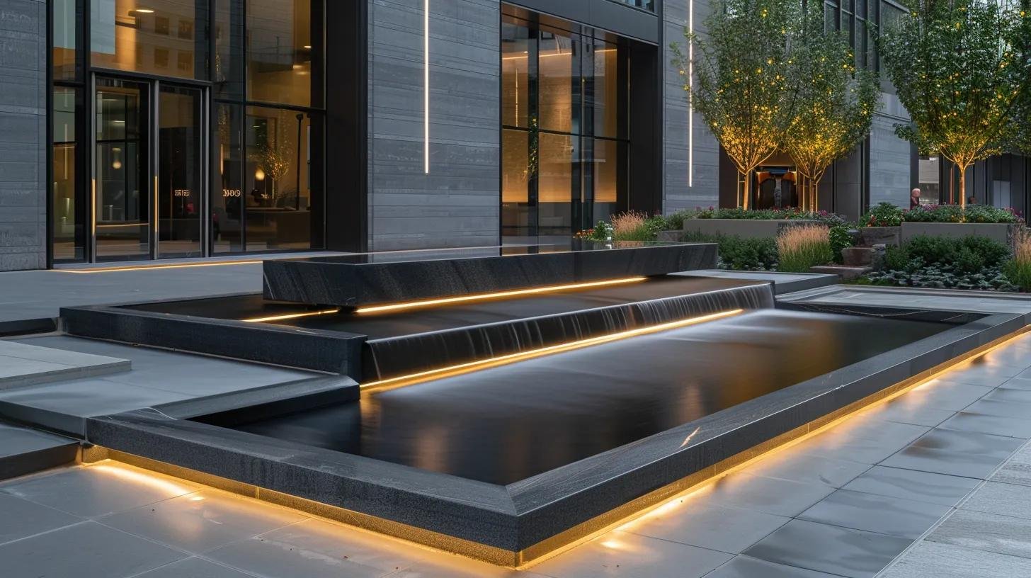 Designing Unique Custom Water Features for Gardens 1 a sleek, modern outdoor space showcases a stunning custom water feature, featuring geometric shapes, harmonious balance, and integrated lighting that illuminates its flowing waters, emphasizing the artistry and engineering principles that define contemporary architectural design.