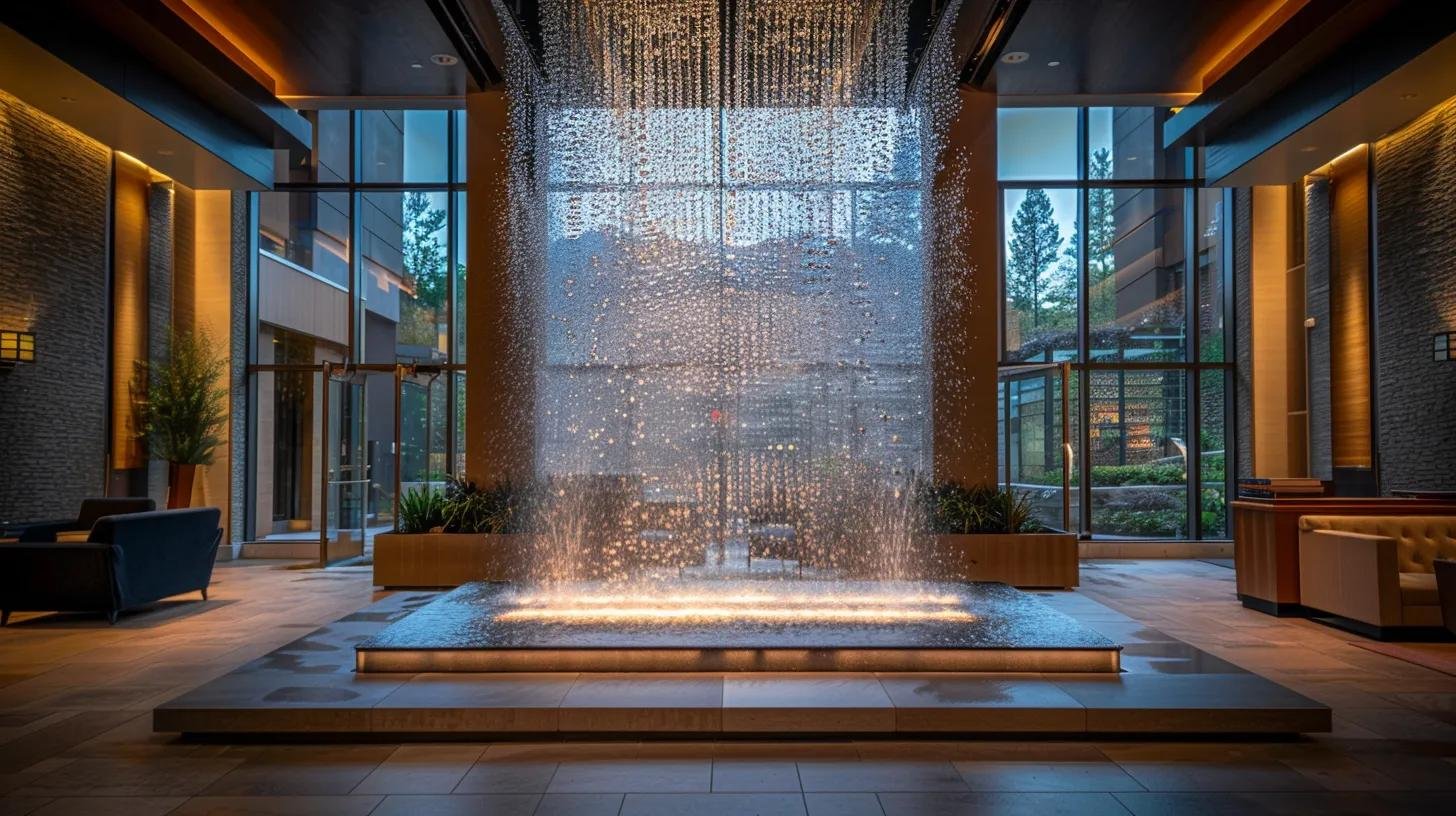 Indoor Bubble Wall Fountain Maintenance Tips for Longevity 6 a sleek corporate lobby features a stunning indoor bubble wall fountain, illuminated by ambient lighting that enhances its modern design while guests engage and socialize around the tranquil installation.