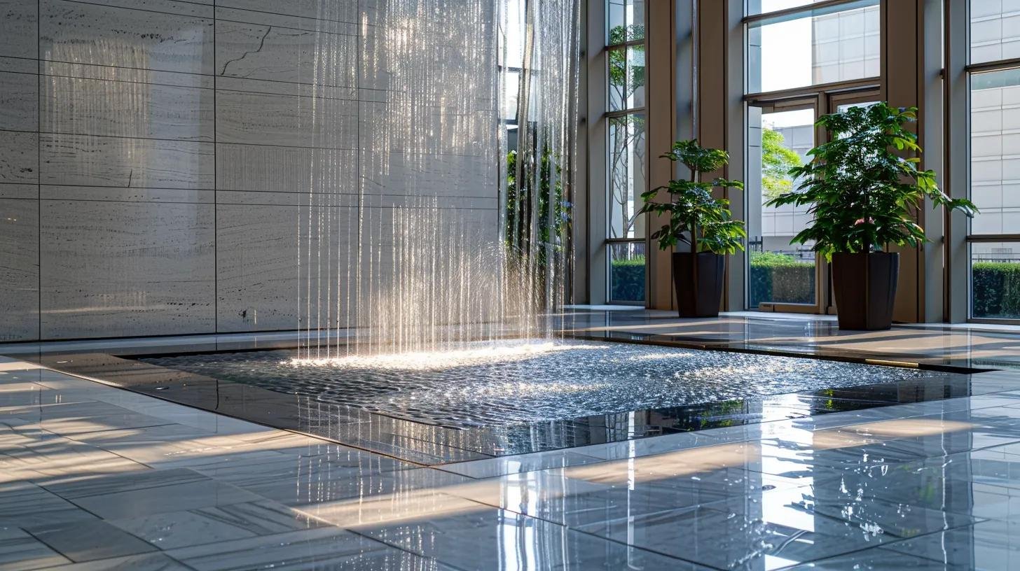 Creating Custom Indoor Water Features for Your Space 4 a sleek indoor water installation features a stunning combination of tempered glass, polished marble, and glimmering stainless steel, all meticulously arranged to enhance both durability and visual elegance in a modern urban setting.