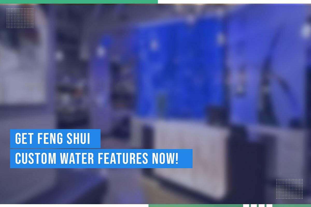 Custom water feature display with blue lighting, promoting Feng Shui principles, inviting users to enhance indoor spaces.