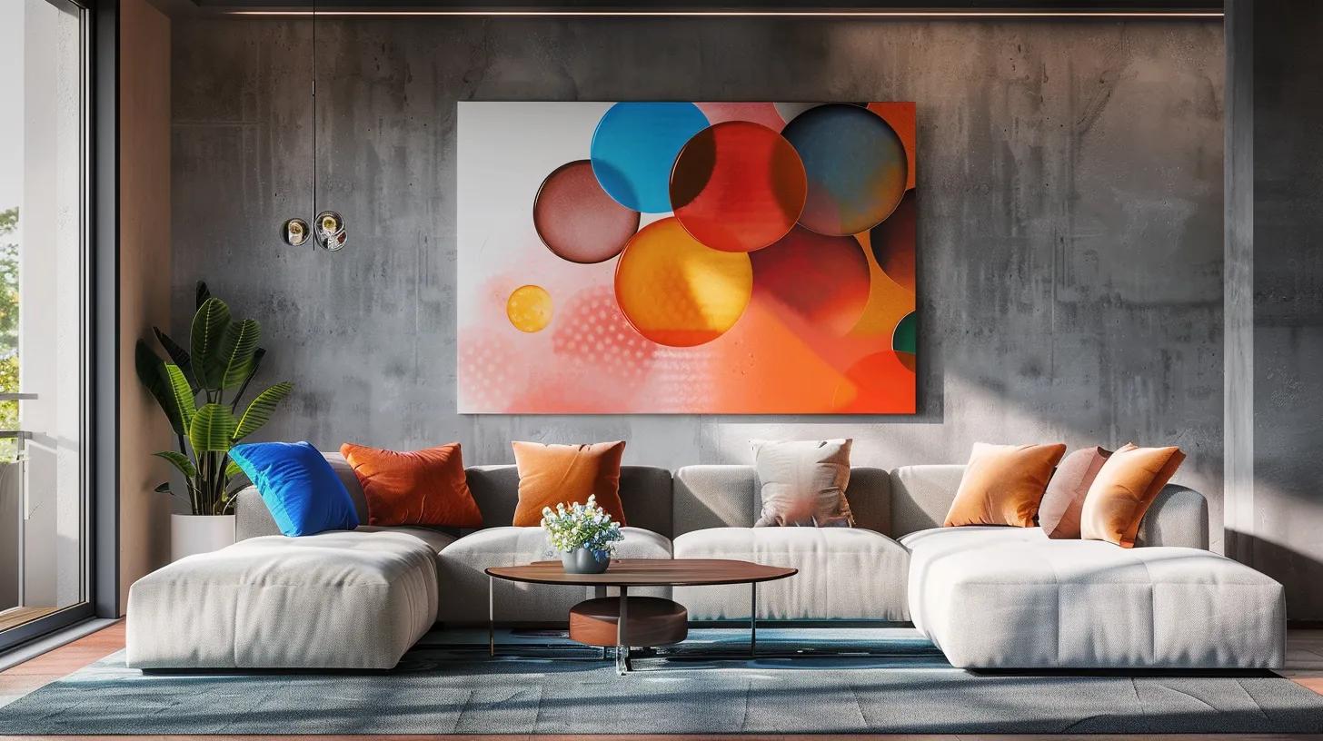Modern living space featuring a cozy sectional sofa with colorful pillows, a stylish coffee table, and a vibrant abstract wall art piece, enhancing the contemporary aesthetic of the room.