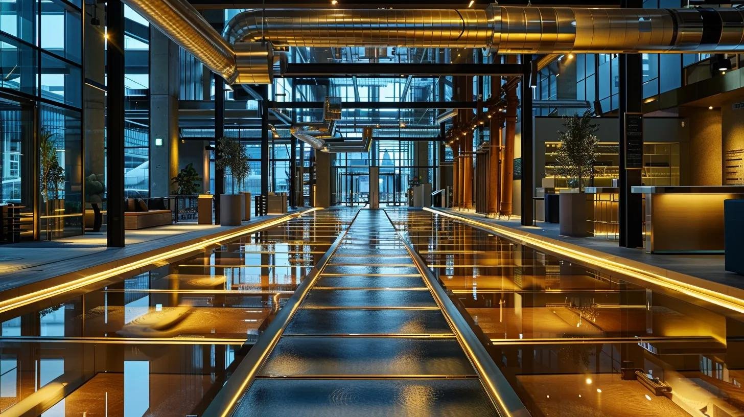 Creating Custom Indoor Water Features for Your Space 3 a sleek, modern indoor water installation showcases a sophisticated system of pipes and pumps, illuminated by dynamic lighting, emphasizing the precision of engineering fluid dynamics and efficiency in a bustling commercial space.