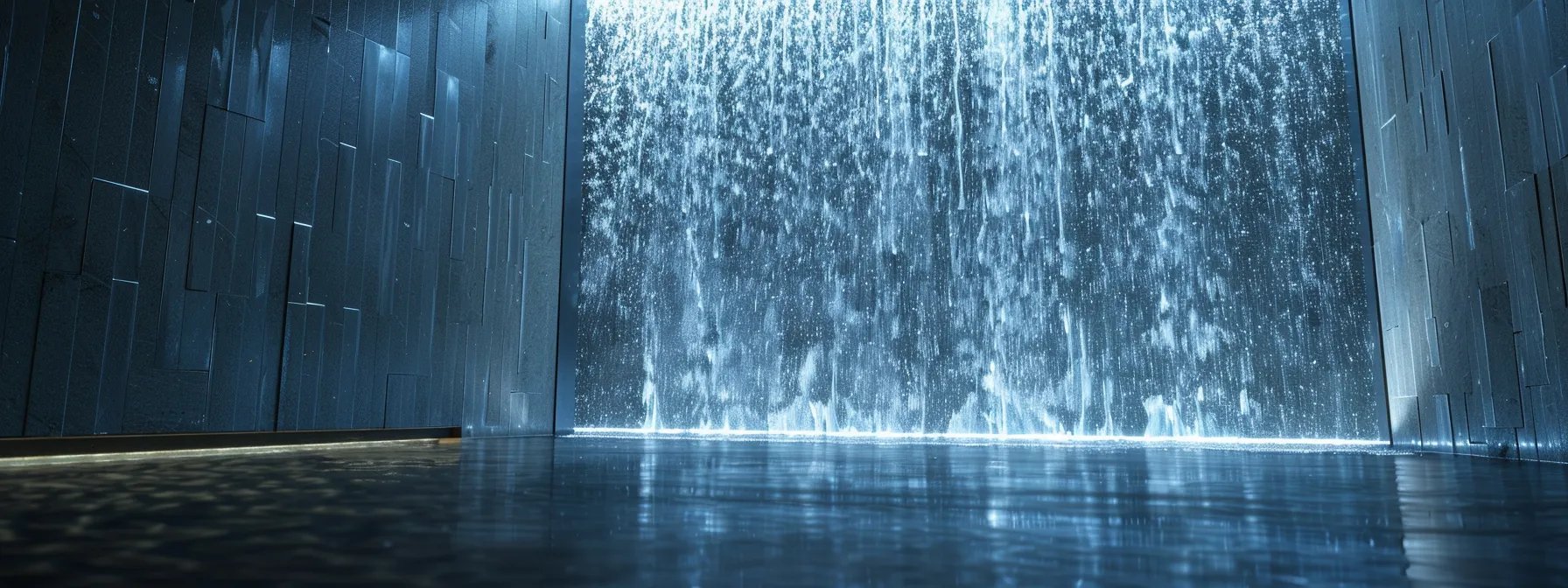 Indoor water wall feature with cascading water, illuminated backdrop, and sleek, modern design, enhancing serene ambiance for bubble wall installations.