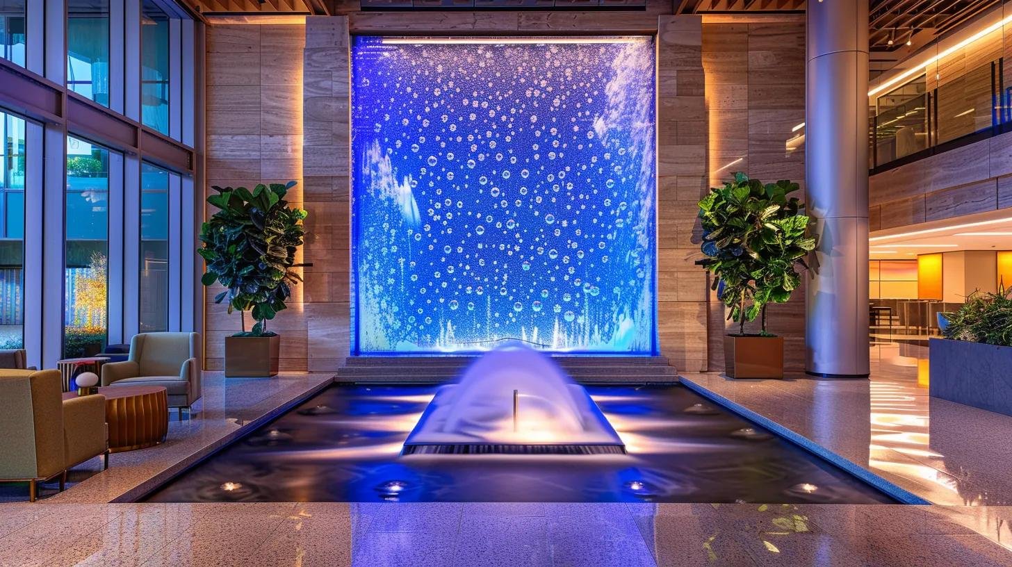 LED Water Bubble Fountain Wall Ideas for Every Space 6 a sleek, modern office lobby showcases an illuminated led water bubble fountain wall as a stunning centerpiece, highlighting its contemporary design and vibrant color patterns against a backdrop of polished stone and glass.