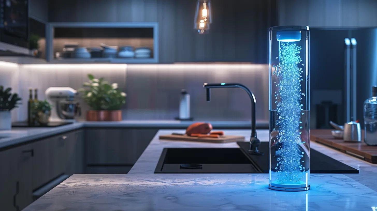 Transform Your Home With Innovative Water System Solutions 2 a sleek and modern kitchen features a sophisticated whole house water filtration system with illuminated smart monitoring, showcasing crystal-clear water pouring from a contemporary faucet against a backdrop of polished countertops and stainless steel appliances.