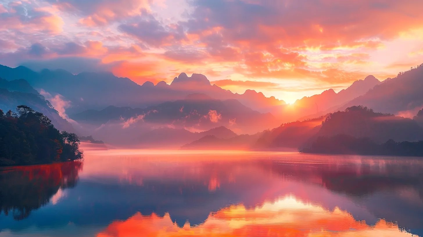 Explore Unique Glass Wall Options for Any Room 2 a breathtaking, fog-shrouded mountainscape at sunrise, with vibrant hues of orange and pink illuminating the peaks and reflecting in a tranquil lake below.