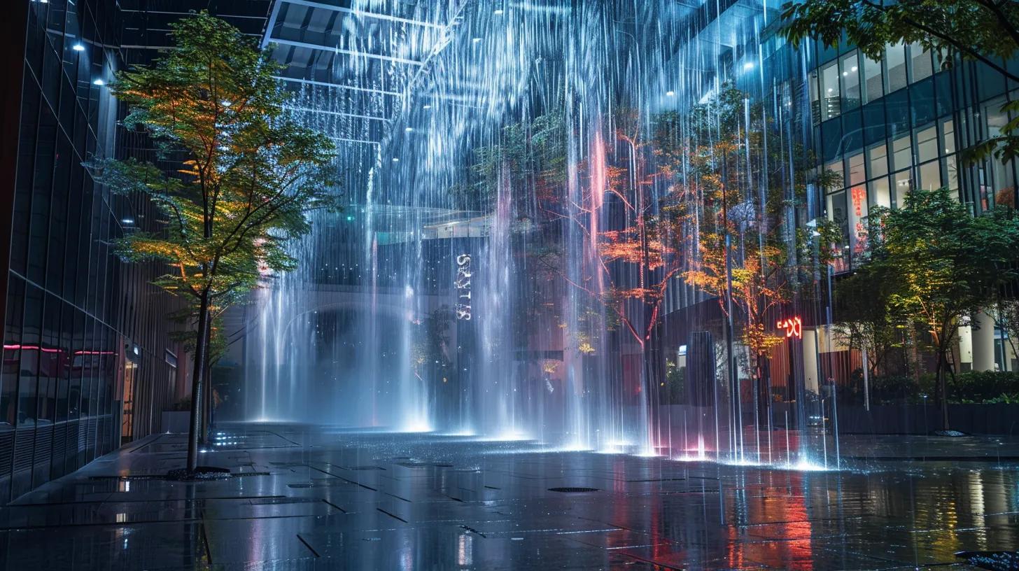 Designing Unique Custom Water Features for Gardens 3 a dynamic urban space features a mesmerizing personalized rain curtain installation with vibrant, color-changing leds illuminating the delicate cascades of water, creating an enchanting atmosphere that captivates passersby.