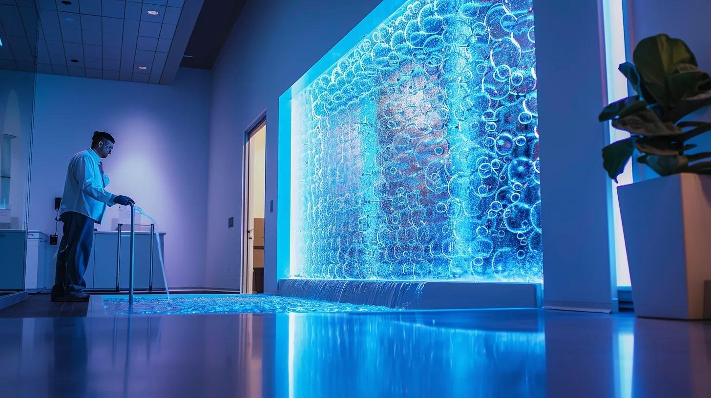 Why Choose a Floor Standing Water Bubble Wall for Your Home 5 a sleek, modern office environment features an illuminated floor-standing water bubble wall, showcasing its vibrant aesthetics while a technician conducts routine maintenance, emphasizing the importance of upkeep for longevity and visual appeal.