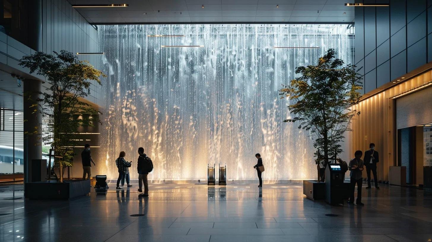 Boost Your Business's Atmosphere With Water Walls 2 a sleek, modern office lobby features a stunning, illuminated water wall as a captivating focal point, positioned against dynamic architectural lines and bustling with people gathered around it, showcasing the interplay of light and flowing water.