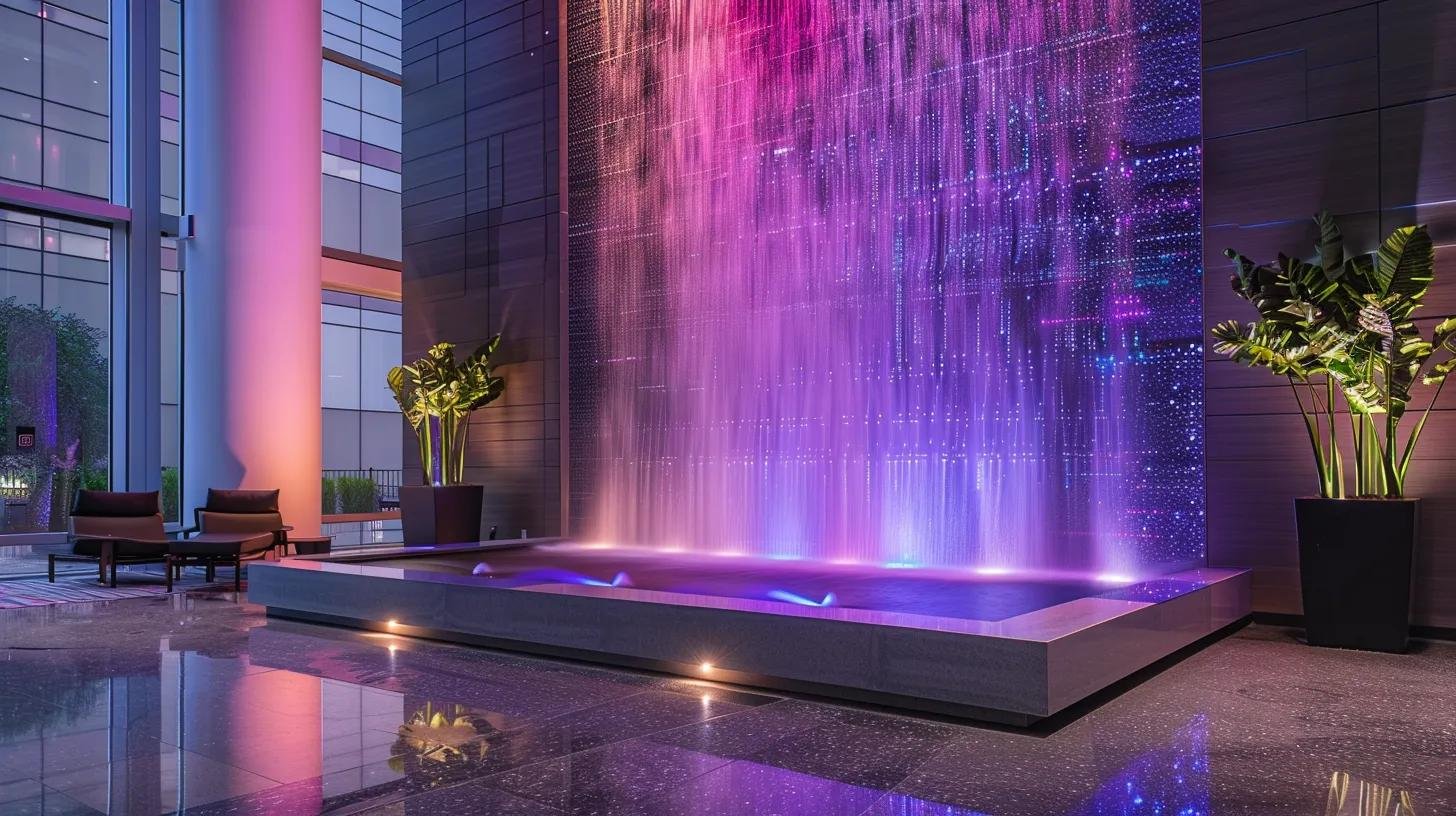 LED Water Bubble Fountain Wall Ideas for Every Space 2 an elegantly designed led water bubble fountain wall stands as a centerpiece in a modern urban office lobby, showcasing its sleek profile and vibrant, customizable led colors that dance rhythmically with the flowing water bubbles, all illuminated by refined artificial lighting that highlights its engineering marvel.