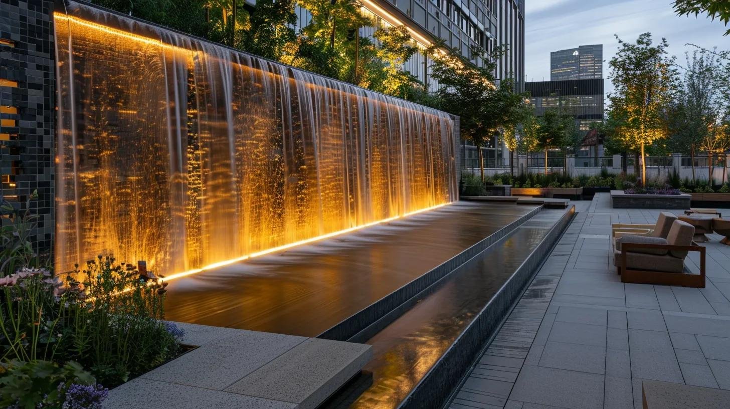 Create Stunning Outdoor Areas With Water Wall Features 3 a modern landscape architecture design featuring a stunning illuminated water wall seamlessly integrating with elegant outdoor seating and textured hardscapes, creating a harmonious urban oasis during twilight.