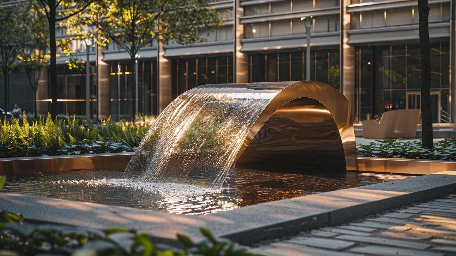 Stunning Custom Water Features to Enhance Your Environment 5 a stunning sculptural water feature, intricately designed with bronze and tempered glass, flows gracefully in a modern urban plaza, embodying a harmonious fusion of fine art and fluid dynamics against a backdrop of sleek architecture.