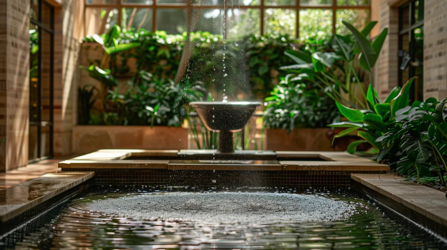 Indoor Fountain Water: Nurturing Calm and Comfort 1 a serene indoor setting showcases a graceful tabletop fountain, cascading crystal-clear water into a tranquil pool, surrounded by lush greenery, creating a peaceful atmosphere that invites relaxation and meditation.