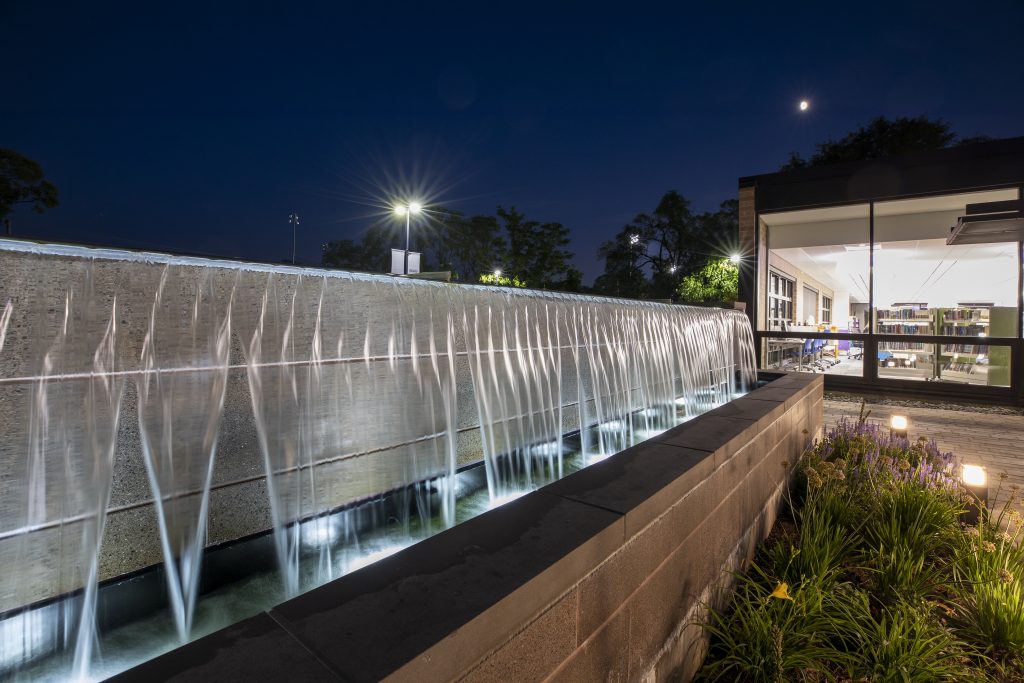 Reflection Pools & Fountains 21 Outdoor Fountain Reflection pool with overflowing weirs free falling water for Prospect Heights Public Library 3